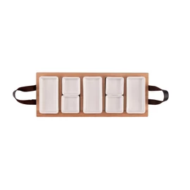 Bükkfa Street food tartó 49 cm-es 5 rekeszes bőr fogantyúval (tálakkal)